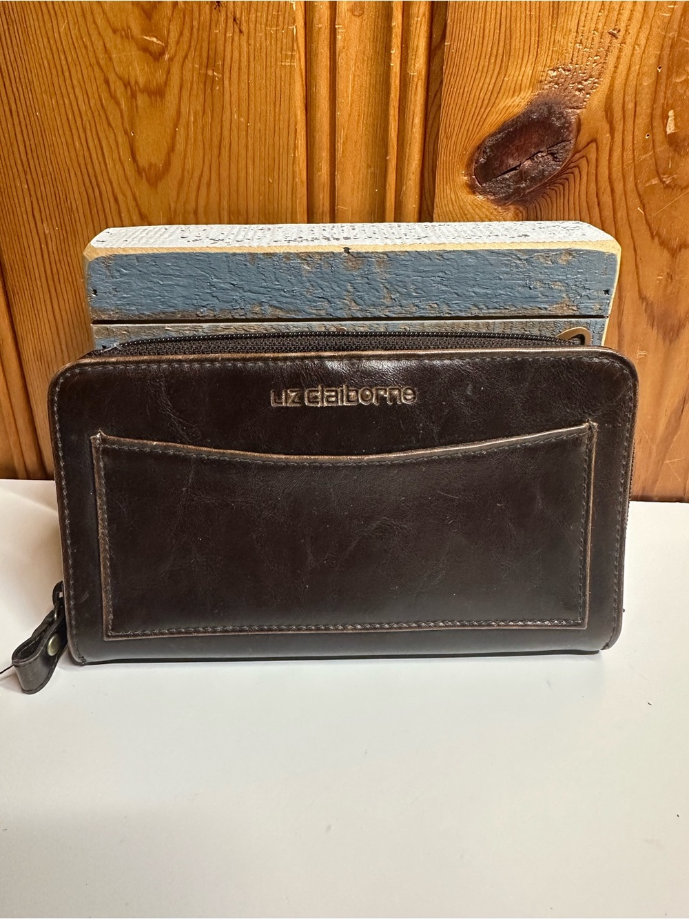 Liz Claiborne Dark Brown Leather Zip Wallet with Front Slip Pocket